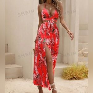 Watermelon Pink Sexy Tropical Backless Halter Maxi Dress Thigh Slit Small